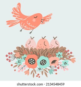 Bird with nestlings, flowers and nest on white background. Cute spring vector illustration.