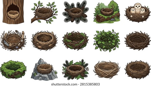 Bird nests collection vector illustrations set with empty twigs moss leaves hollow tree trunk rocks and owl chicks