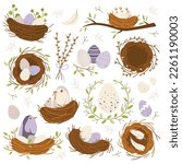 Bird nests flat icons set. Cute cartoon chicks and birds inside nest. Easter decorative elements. Newborn birds nourished by Mother Bird. Colorful eggs. Color isolated illustrations
