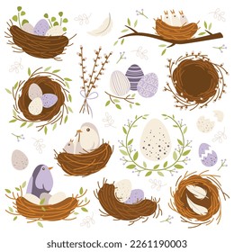 Bird nests flat icons set. Cute cartoon chicks and birds inside nest. Easter decorative elements. Newborn birds nourished by Mother Bird. Colorful eggs. Color isolated illustrations