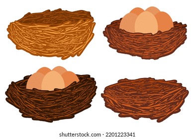 Bird nests vector cartoon set isolated on a white background.