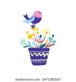 bird next to colorful flowers planted in a blue pot, depicted in a charming folk style. Colorful and whimsical design suitable for print, decoration, poster printing, and childrens products.