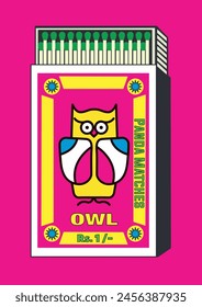 Bird of night, Hooter, Owlet, Bird, Screech owl, Little owl. lighter belonging, lighter can, matchbox, matches vector illustration. Vintage, antique retro style packaging. Indian art old style design