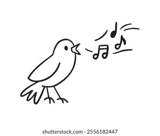 Bird nightingale singing doodle hand drawn icon. Outline drawing bird sing notes line clipart symbol. Vector illustration