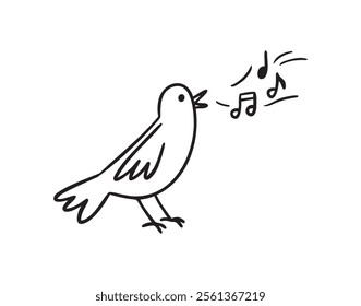 Bird nightingale singing doodle hand drawn icon. Outline drawing bird sing notes line clipart symbol. Vector illustration