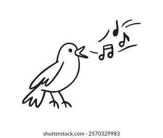 Bird nightingale singing doodle hand drawn icon. Outline drawing bird sing notes line clipart symbol. Vector illustration