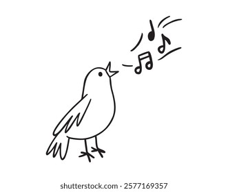 Bird nightingale singing doodle hand drawn icon. Outline drawing bird sing notes line clipart symbol. Vector illustration