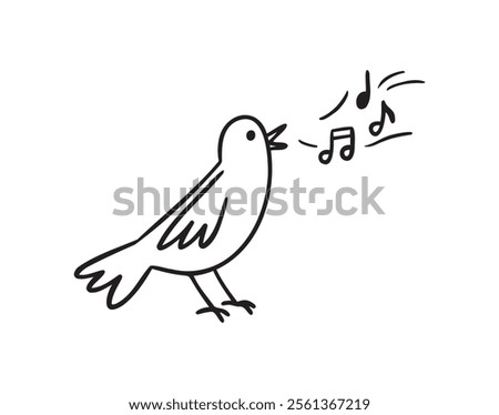Bird nightingale singing doodle hand drawn icon. Outline drawing bird sing notes line clipart symbol. Vector illustration