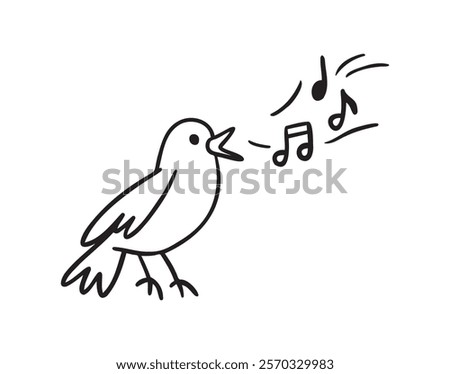 Bird nightingale singing doodle hand drawn icon. Outline drawing bird sing notes line clipart symbol. Vector illustration