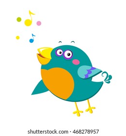 Bird nightingale sings in flight with notes. Colorful vector illustration for kids.