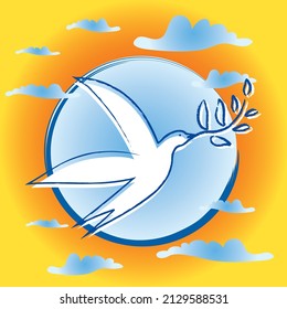 Bird with Olive Branch - Symbol of Peace - Blue Circle Background - Clouds and Sunset Vibrant Colors
