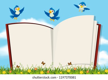 Bird on blank book template illustration