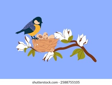 Bird on a blossoming branch near a nest with eggs