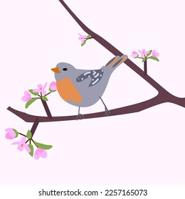A bird on a blossoming branch. Vector spring illustration in flat style. A branch with pink flowers. Bird sitting on a tree. White isolated background. 