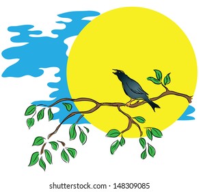 Bird on a branch on a background of the sun. Vector illustration.
