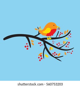 Bird on a branch with berries and leafs. Vector illustration