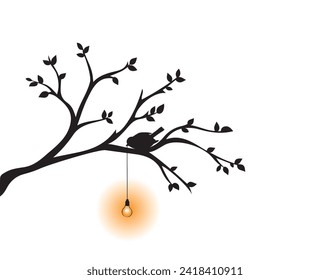 Bird on branch cartoon illustration and light bulb, vector.Wall decals isolated on white background. Bird silhouette holding lightbulb