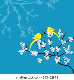 Bird on branch with cherry blossoms-Vector illustration 