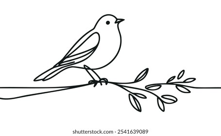 Bird on a branch. Continuous one line drawing.