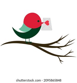 bird on a branch. envelope in the key of the bird. love message. vector illustration, eps 10.