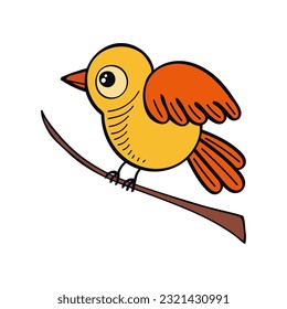 Bird on branch flat. Cute little forest bird. Exotic feathered. Hand drawn vector sketch illustration.