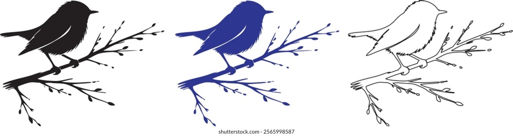 bird on branch in flat design, Birdie sits on branch. a bird perched on a thin branch, Vector illustration isolated on white background.
