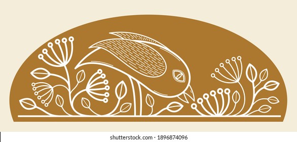 Vogel auf einem Zweig Blumenvektor Design mit Blättern über dunklen, klassisch eleganten Mode-Banner oder Text-Divider für Design, Luxus Vintage linearen Emblem oder Rahmen Element.