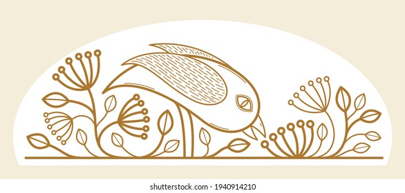 Bird on a branch floral vector design with leaves isolated over white, classical elegant fashion style banner or text divider for design, luxury vintage linear emblem or frame element.