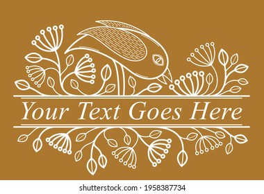 Bird on a branch floral vector design with leaves over dark, classical elegant fashion style banner or text divider for design, luxury vintage linear emblem or frame element.