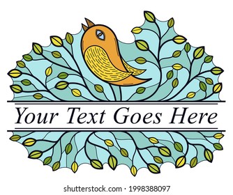 Bird on a branch floral vector design with leaves isolated over white, classical elegant fashion style banner or text divider for design, luxury vintage linear emblem or frame element.