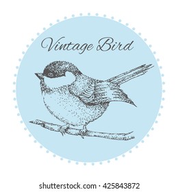 bird on a branch with flowers painted by hand. vintage card with a bird. Vector illustration. Hand drawn bird on sacura branch