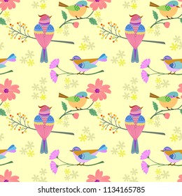 Bird on branch with flowers seamless pattern for fabric textile wallpaper.