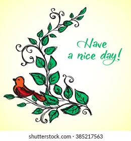  Bird on branch. Hand drawn card.