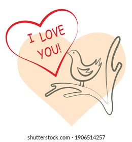 Bird on a branch holds a valentine card in its beak, line drawing, romantic concept, vector illustration. 