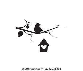 Ave en la sucursal y la casa de pájaros, vector. Cuta ilustración de caricatura. Ilustración de silueta de pájaro aislada sobre fondo blanco. Arte mural, arte, decoraciones murales. 