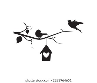 Ave en la sucursal y la casa de pájaros, vector. Cuta ilustración de caricatura. Ilustración de silueta de pájaro aislada sobre fondo blanco. Arte mural, arte, decoraciones murales. 