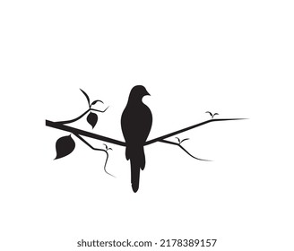 Bird on branch isolated on white background, vector. Bird silhouette on tree, illustration. Minimalist black and white art design.