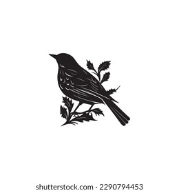 Bird on branch isolated on white background, vector. Bird silhouette. Art design