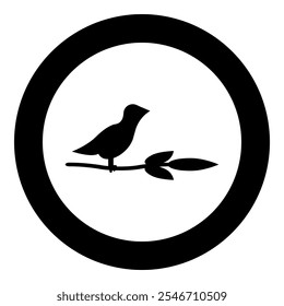 Pássaro em ramo com folhas silhueta ícone conceito mola em círculo redondo preto vetor cor ilustração imagem sólido estilo contorno