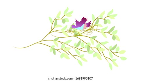 Bird on a branch with leaves. Vector illustration.