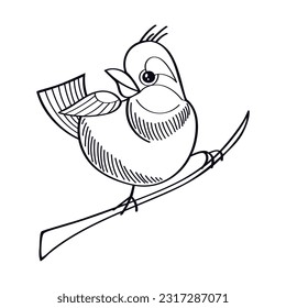 Bird on branch line art. Cute little forest bird. Exotic feathered. Hand drawn vector sketch illustration.
