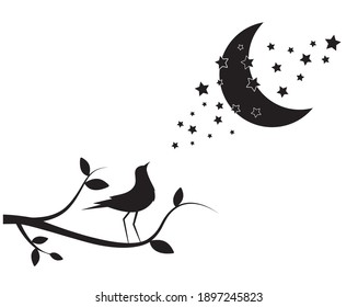 Bird on branch and moon with stars, vector. Bird silhouette isolated on white background. Wall decals, wall art, artwork, minimalist poster design. Black and white art design
