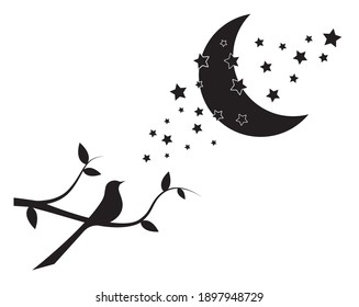 Bird on branch and moon with stars, vector. Bird silhouette isolated on white background. Wall decals, wall art, artwork, minimalist poster design. Black and white art design