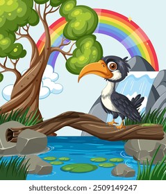 Bird on branch near waterfall and rainbow