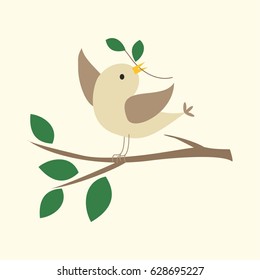 A bird on a branch, a bird nests a nest. Child illustration, logo