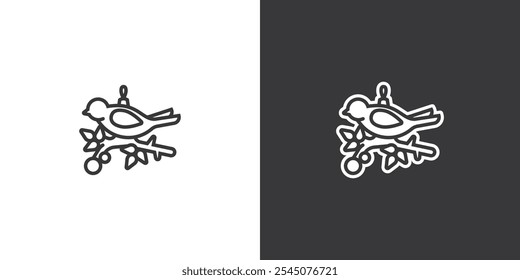 Bird on a branch. New Year's toy on a black and white background. Original vector illustration in vintage style. Hand drawn, not AI