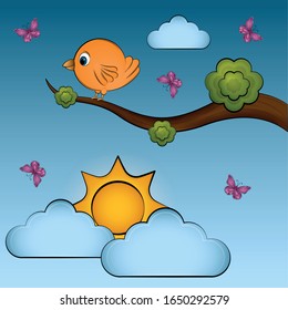 Bird on a branch over a beautiful sunset cartoon - Vector