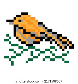 A bird on a branch is a pixel vector illustration. Mosaic panel, embroidery, stained glass