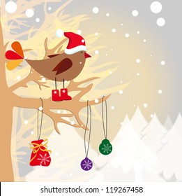 bird on a branch in a red cap with a gift balls