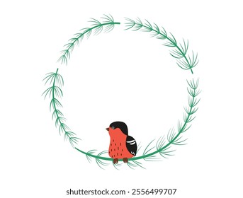 Bird on a branch. Round frame, border. National Bird Day. Background for a postcard, banner, place for text.